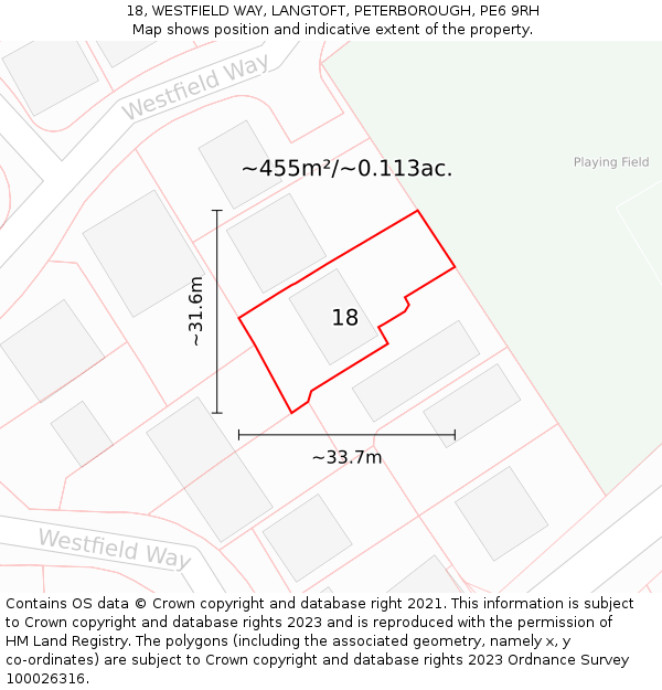 18, WESTFIELD WAY, LANGTOFT, PETERBOROUGH, PE6 9RH: Plot and title map