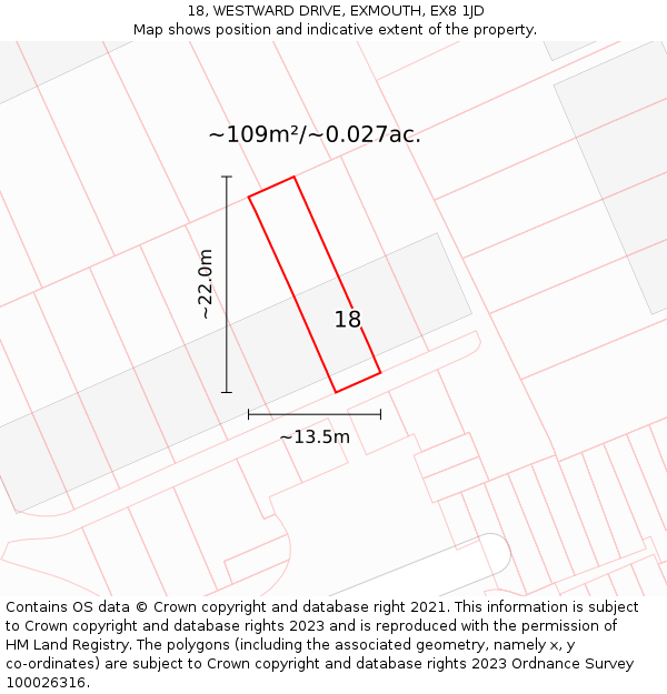 18, WESTWARD DRIVE, EXMOUTH, EX8 1JD: Plot and title map