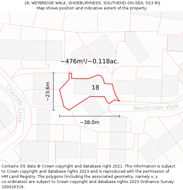 18, WEYBRIDGE WALK, SHOEBURYNESS, SOUTHEND-ON-SEA, SS3 8YJ: Plot and title map