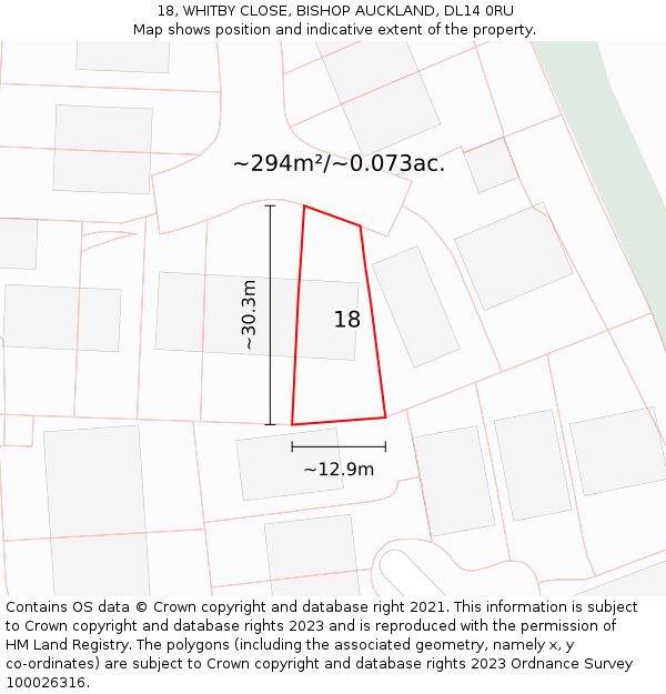 18, WHITBY CLOSE, BISHOP AUCKLAND, DL14 0RU: Plot and title map