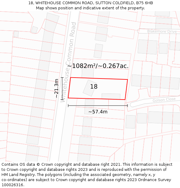 18, WHITEHOUSE COMMON ROAD, SUTTON COLDFIELD, B75 6HB: Plot and title map