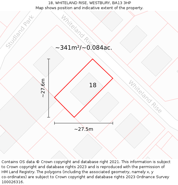 18, WHITELAND RISE, WESTBURY, BA13 3HP: Plot and title map