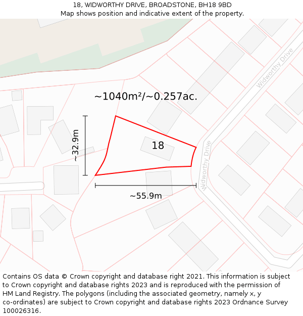 18, WIDWORTHY DRIVE, BROADSTONE, BH18 9BD: Plot and title map