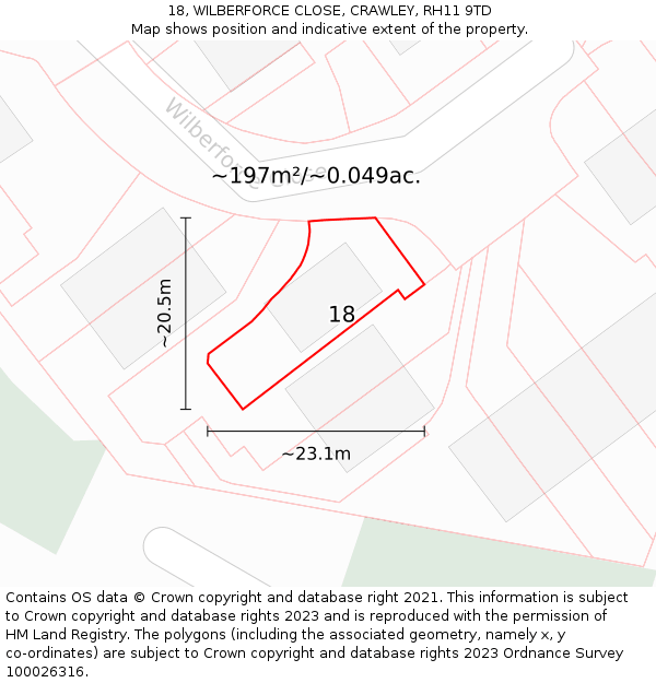 18, WILBERFORCE CLOSE, CRAWLEY, RH11 9TD: Plot and title map