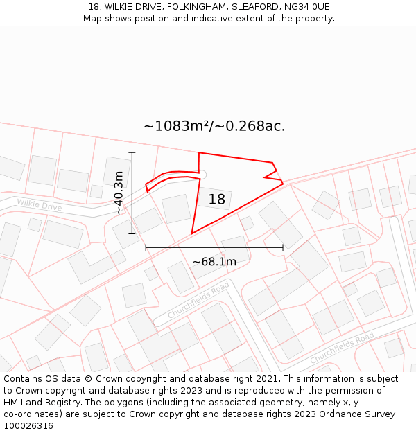 18, WILKIE DRIVE, FOLKINGHAM, SLEAFORD, NG34 0UE: Plot and title map