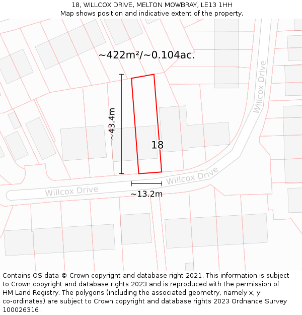 18, WILLCOX DRIVE, MELTON MOWBRAY, LE13 1HH: Plot and title map