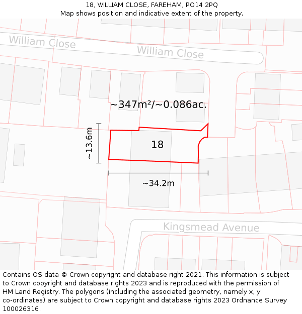 18, WILLIAM CLOSE, FAREHAM, PO14 2PQ: Plot and title map