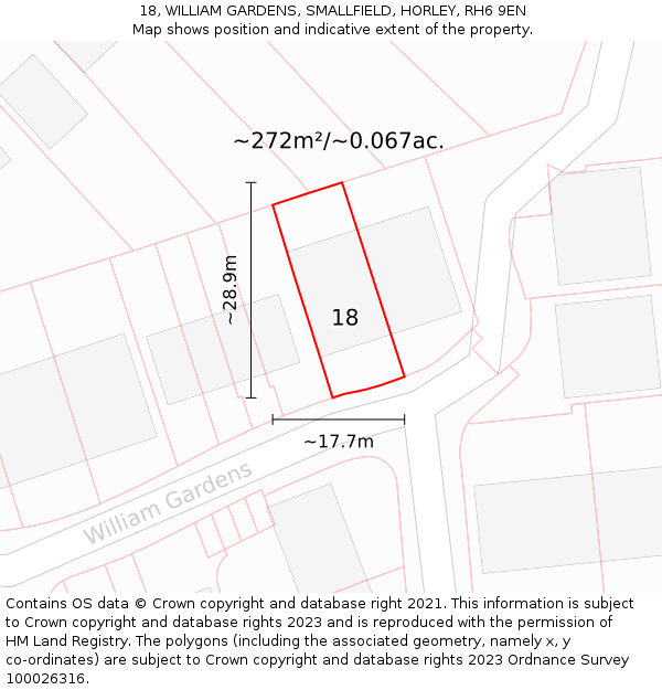 18, WILLIAM GARDENS, SMALLFIELD, HORLEY, RH6 9EN: Plot and title map