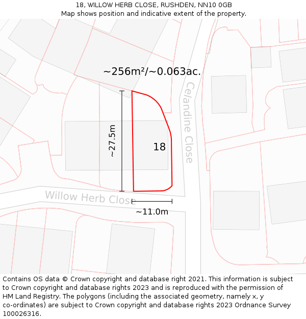 18, WILLOW HERB CLOSE, RUSHDEN, NN10 0GB: Plot and title map