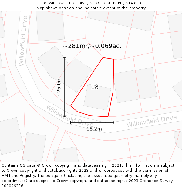 18, WILLOWFIELD DRIVE, STOKE-ON-TRENT, ST4 8FR: Plot and title map