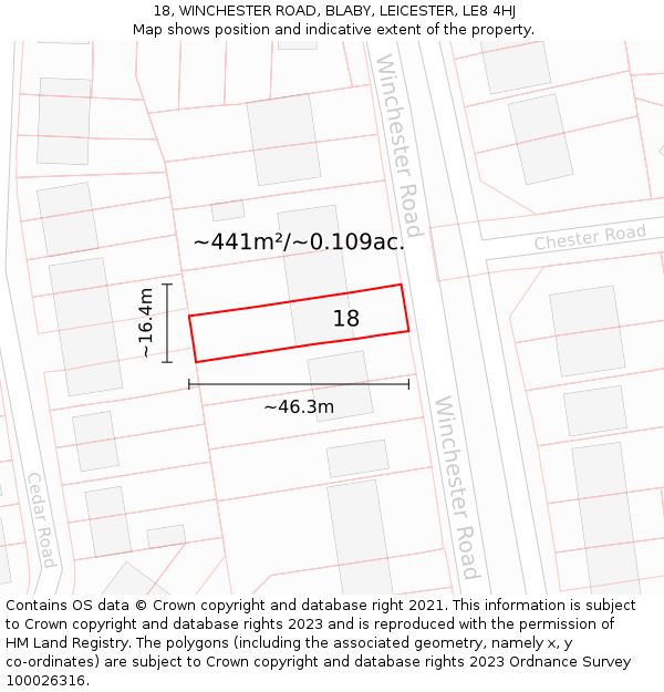 18, WINCHESTER ROAD, BLABY, LEICESTER, LE8 4HJ: Plot and title map