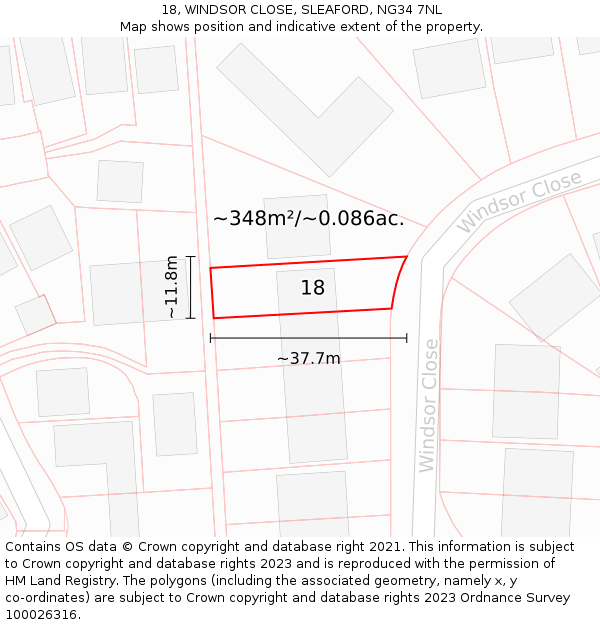 18, WINDSOR CLOSE, SLEAFORD, NG34 7NL: Plot and title map