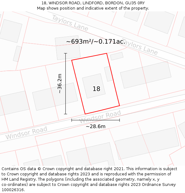 18, WINDSOR ROAD, LINDFORD, BORDON, GU35 0RY: Plot and title map