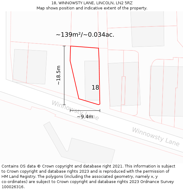 18, WINNOWSTY LANE, LINCOLN, LN2 5RZ: Plot and title map