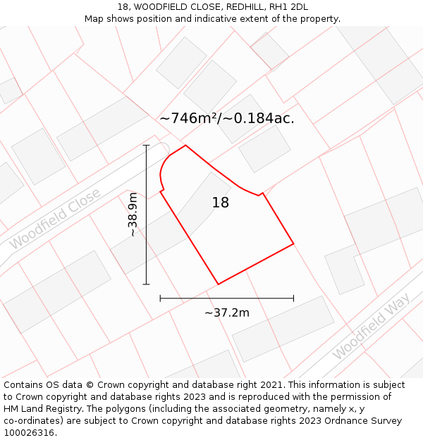 18, WOODFIELD CLOSE, REDHILL, RH1 2DL: Plot and title map