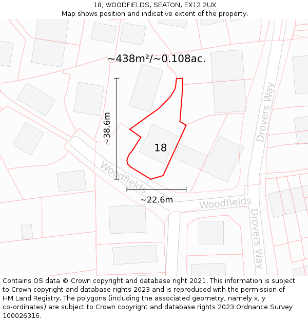 18, WOODFIELDS, SEATON, EX12 2UX: Plot and title map