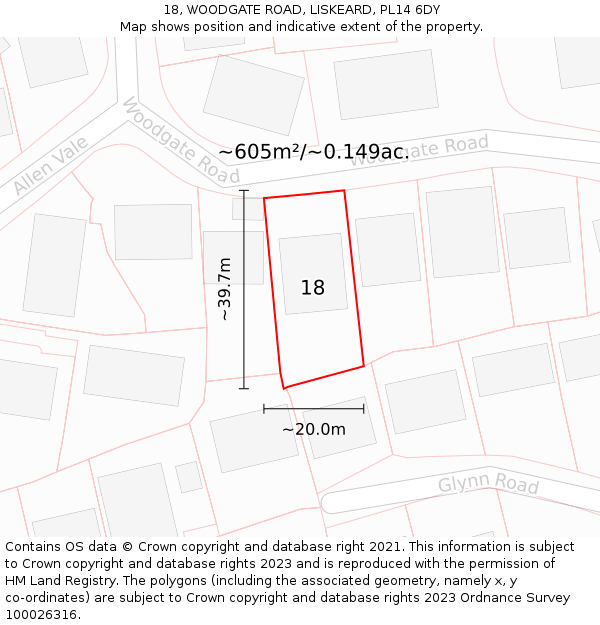 18, WOODGATE ROAD, LISKEARD, PL14 6DY: Plot and title map