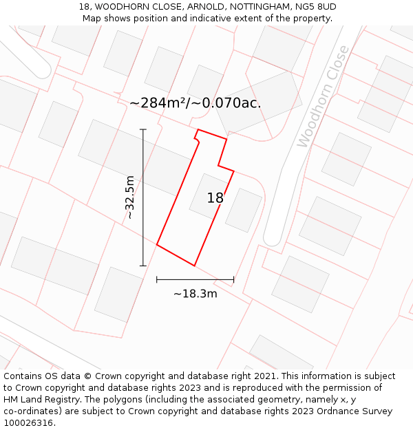 18, WOODHORN CLOSE, ARNOLD, NOTTINGHAM, NG5 8UD: Plot and title map