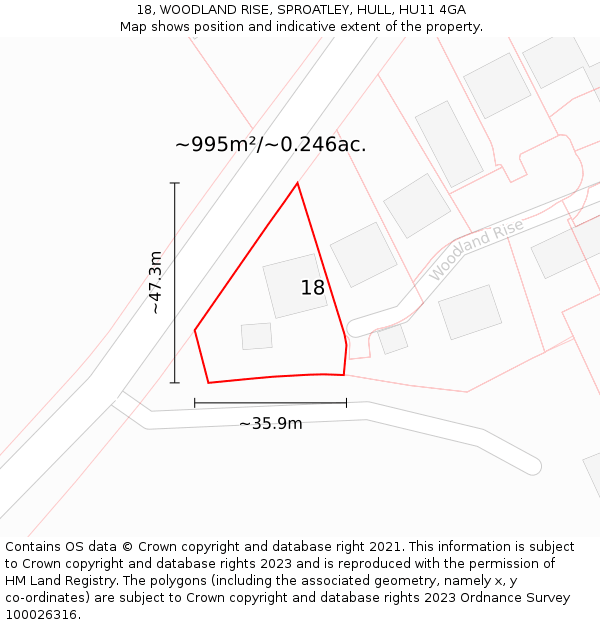 18, WOODLAND RISE, SPROATLEY, HULL, HU11 4GA: Plot and title map