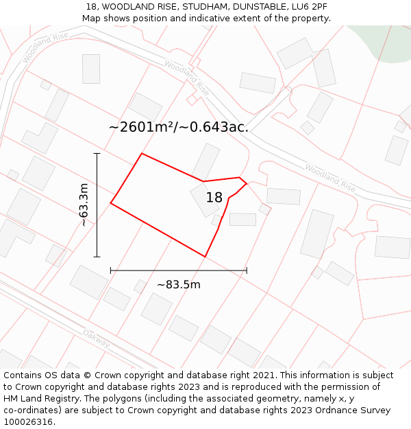 18, WOODLAND RISE, STUDHAM, DUNSTABLE, LU6 2PF: Plot and title map