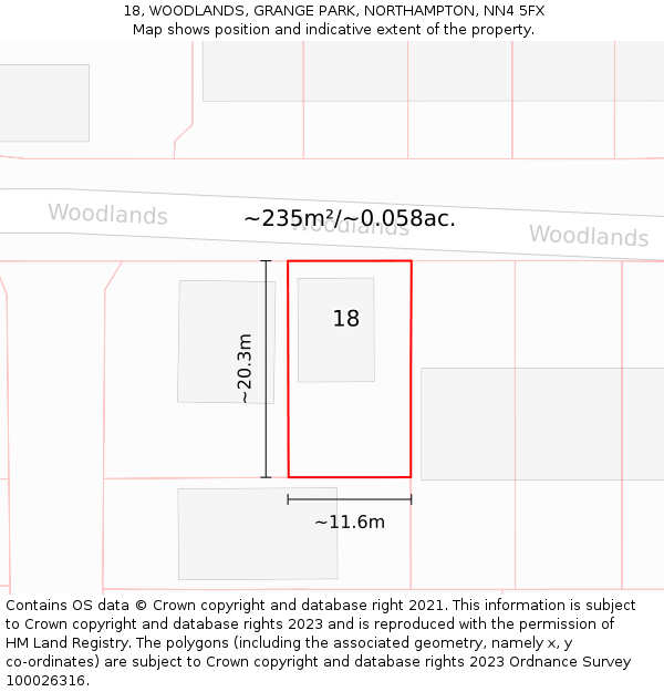 18, WOODLANDS, GRANGE PARK, NORTHAMPTON, NN4 5FX: Plot and title map