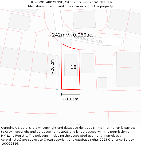 18, WOODLARK CLOSE, GATEFORD, WORKSOP, S81 8UX: Plot and title map