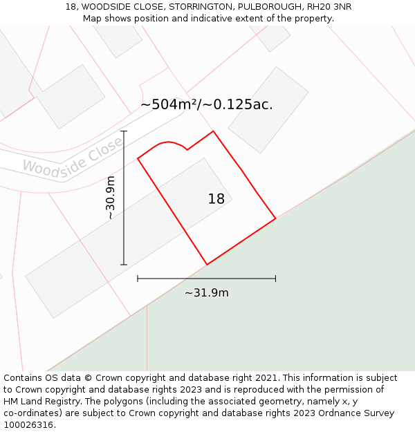 18, WOODSIDE CLOSE, STORRINGTON, PULBOROUGH, RH20 3NR: Plot and title map