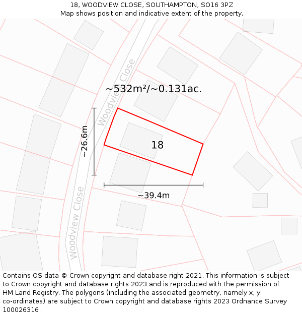 18, WOODVIEW CLOSE, SOUTHAMPTON, SO16 3PZ: Plot and title map