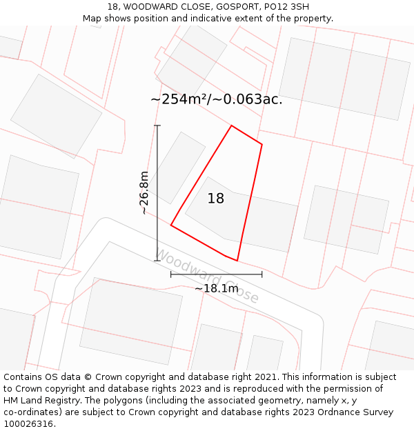 18, WOODWARD CLOSE, GOSPORT, PO12 3SH: Plot and title map