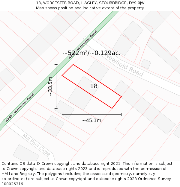 18, WORCESTER ROAD, HAGLEY, STOURBRIDGE, DY9 0JW: Plot and title map