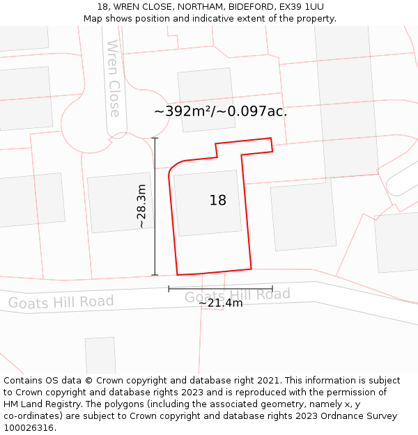18, WREN CLOSE, NORTHAM, BIDEFORD, EX39 1UU: Plot and title map