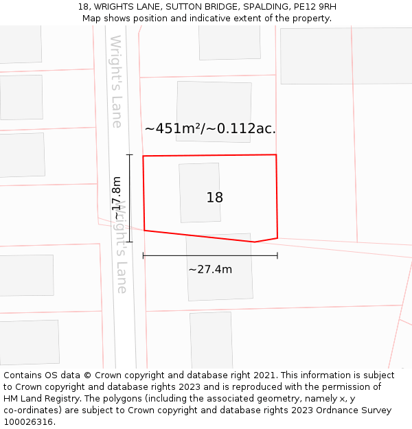 18, WRIGHTS LANE, SUTTON BRIDGE, SPALDING, PE12 9RH: Plot and title map