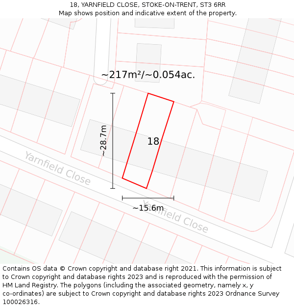 18, YARNFIELD CLOSE, STOKE-ON-TRENT, ST3 6RR: Plot and title map