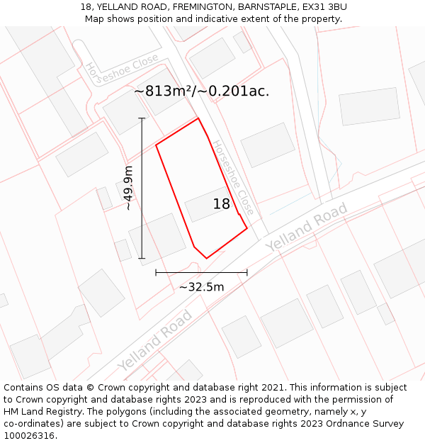 18, YELLAND ROAD, FREMINGTON, BARNSTAPLE, EX31 3BU: Plot and title map