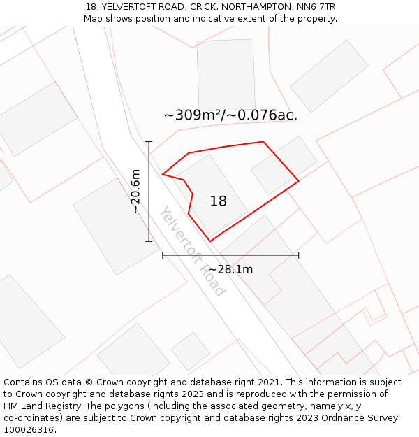 18, YELVERTOFT ROAD, CRICK, NORTHAMPTON, NN6 7TR: Plot and title map