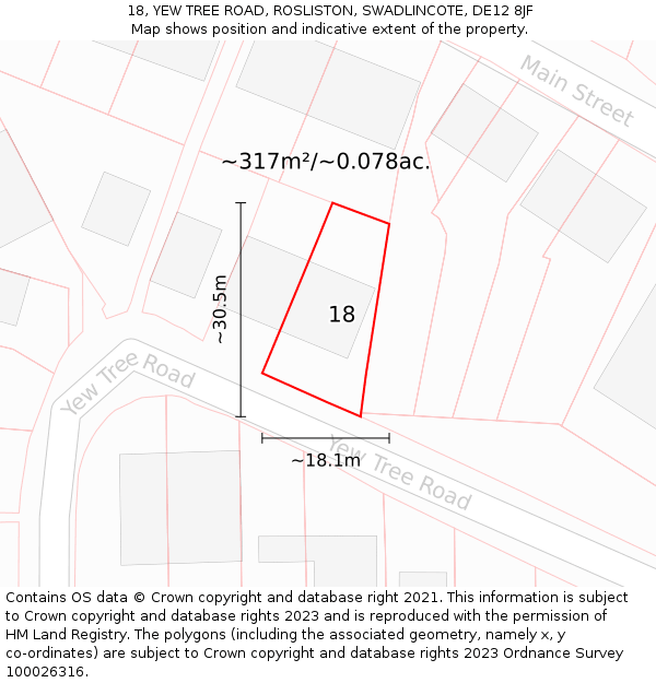 18, YEW TREE ROAD, ROSLISTON, SWADLINCOTE, DE12 8JF: Plot and title map