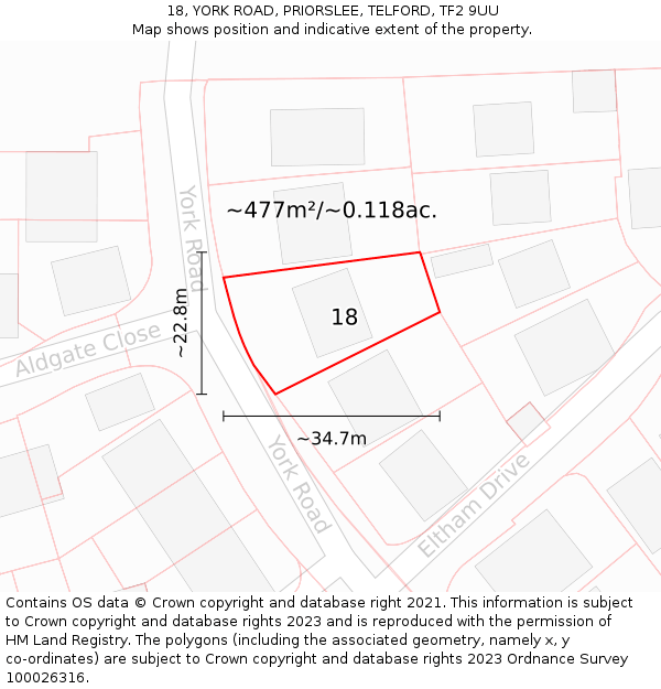 18, YORK ROAD, PRIORSLEE, TELFORD, TF2 9UU: Plot and title map