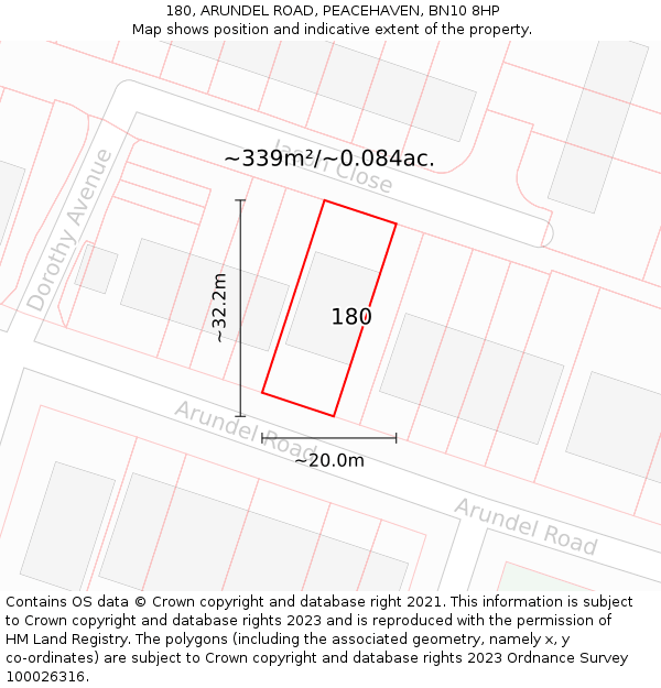 180, ARUNDEL ROAD, PEACEHAVEN, BN10 8HP: Plot and title map