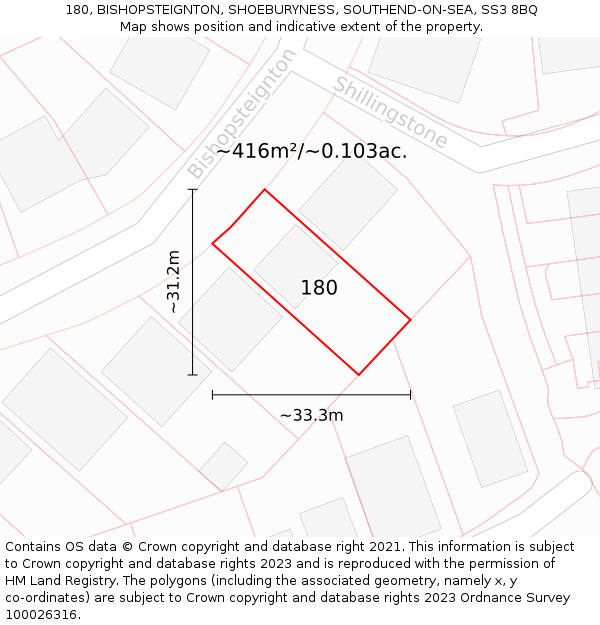 180, BISHOPSTEIGNTON, SHOEBURYNESS, SOUTHEND-ON-SEA, SS3 8BQ: Plot and title map