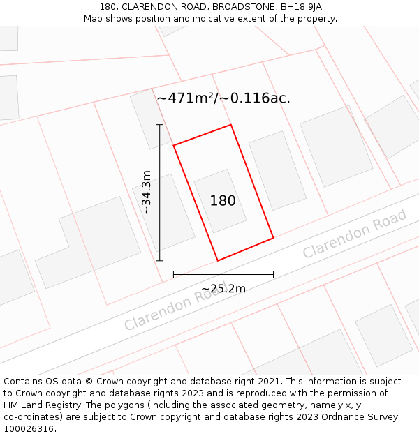 180, CLARENDON ROAD, BROADSTONE, BH18 9JA: Plot and title map