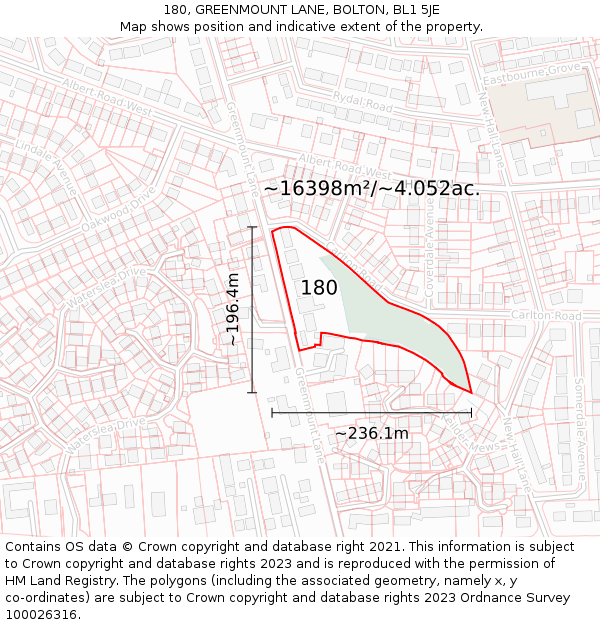 180, GREENMOUNT LANE, BOLTON, BL1 5JE: Plot and title map