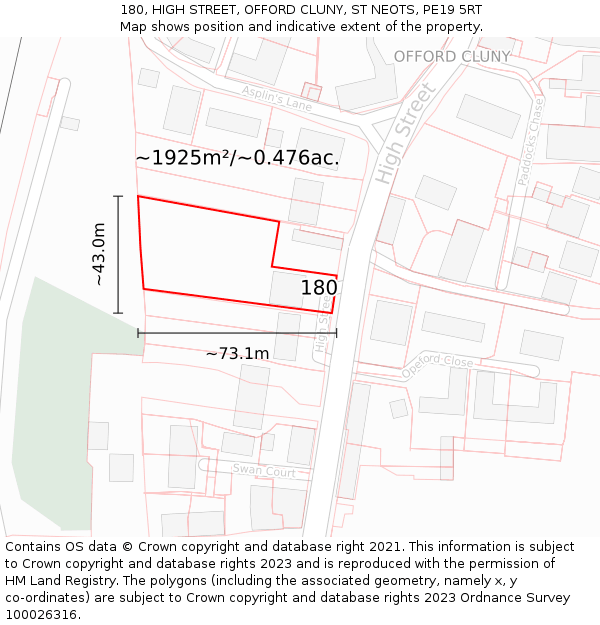 180, HIGH STREET, OFFORD CLUNY, ST NEOTS, PE19 5RT: Plot and title map