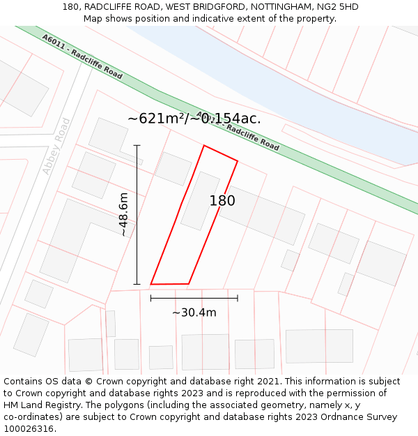 180, RADCLIFFE ROAD, WEST BRIDGFORD, NOTTINGHAM, NG2 5HD: Plot and title map