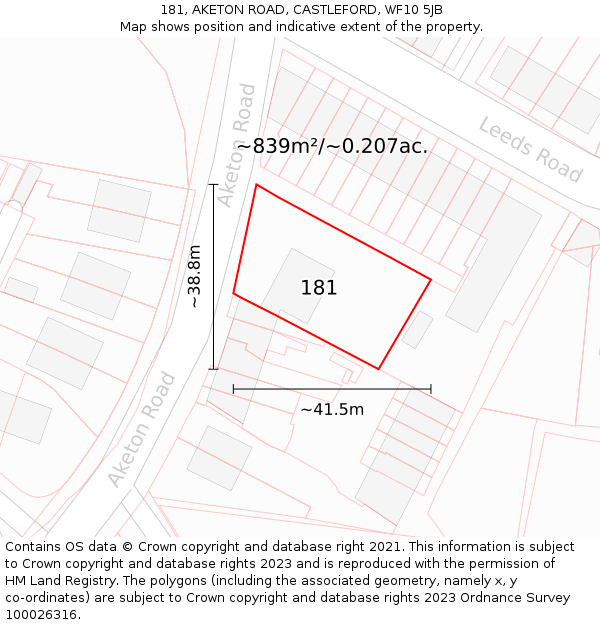 181, AKETON ROAD, CASTLEFORD, WF10 5JB: Plot and title map