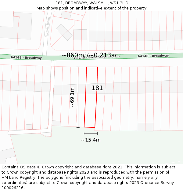 181, BROADWAY, WALSALL, WS1 3HD: Plot and title map