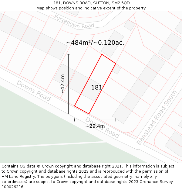 181, DOWNS ROAD, SUTTON, SM2 5QD: Plot and title map