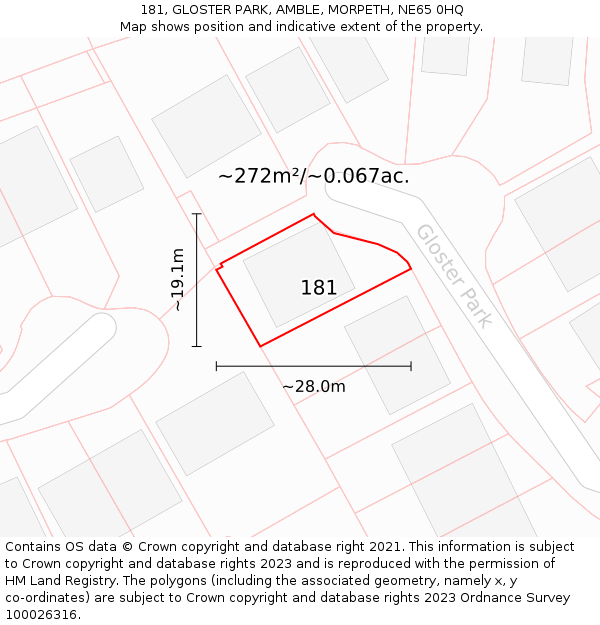 181, GLOSTER PARK, AMBLE, MORPETH, NE65 0HQ: Plot and title map