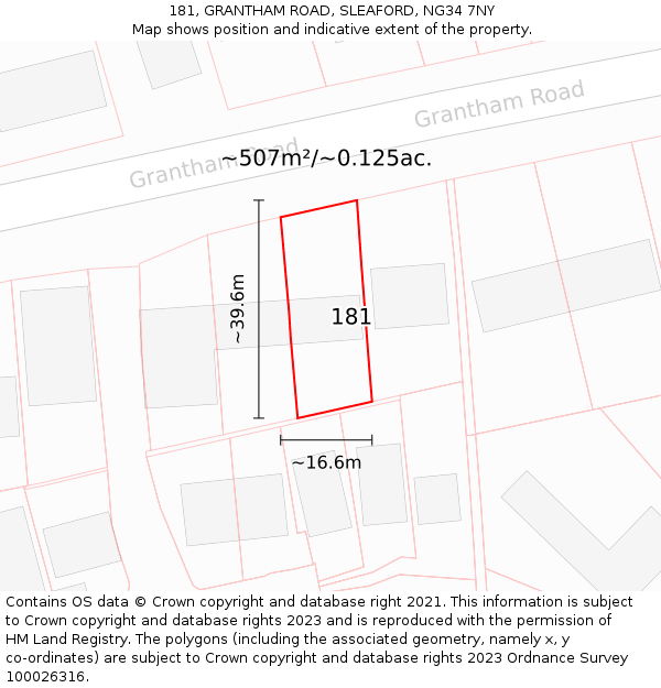 181, GRANTHAM ROAD, SLEAFORD, NG34 7NY: Plot and title map