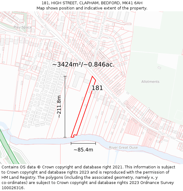 181, HIGH STREET, CLAPHAM, BEDFORD, MK41 6AH: Plot and title map