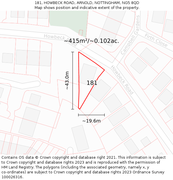 181, HOWBECK ROAD, ARNOLD, NOTTINGHAM, NG5 8QD: Plot and title map